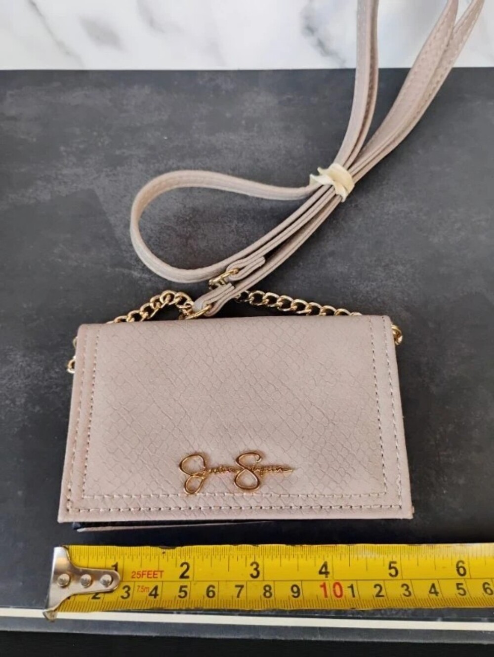 Jessica Simpson Beige Faux Leather Snakeskin Mini Wallet on Chain